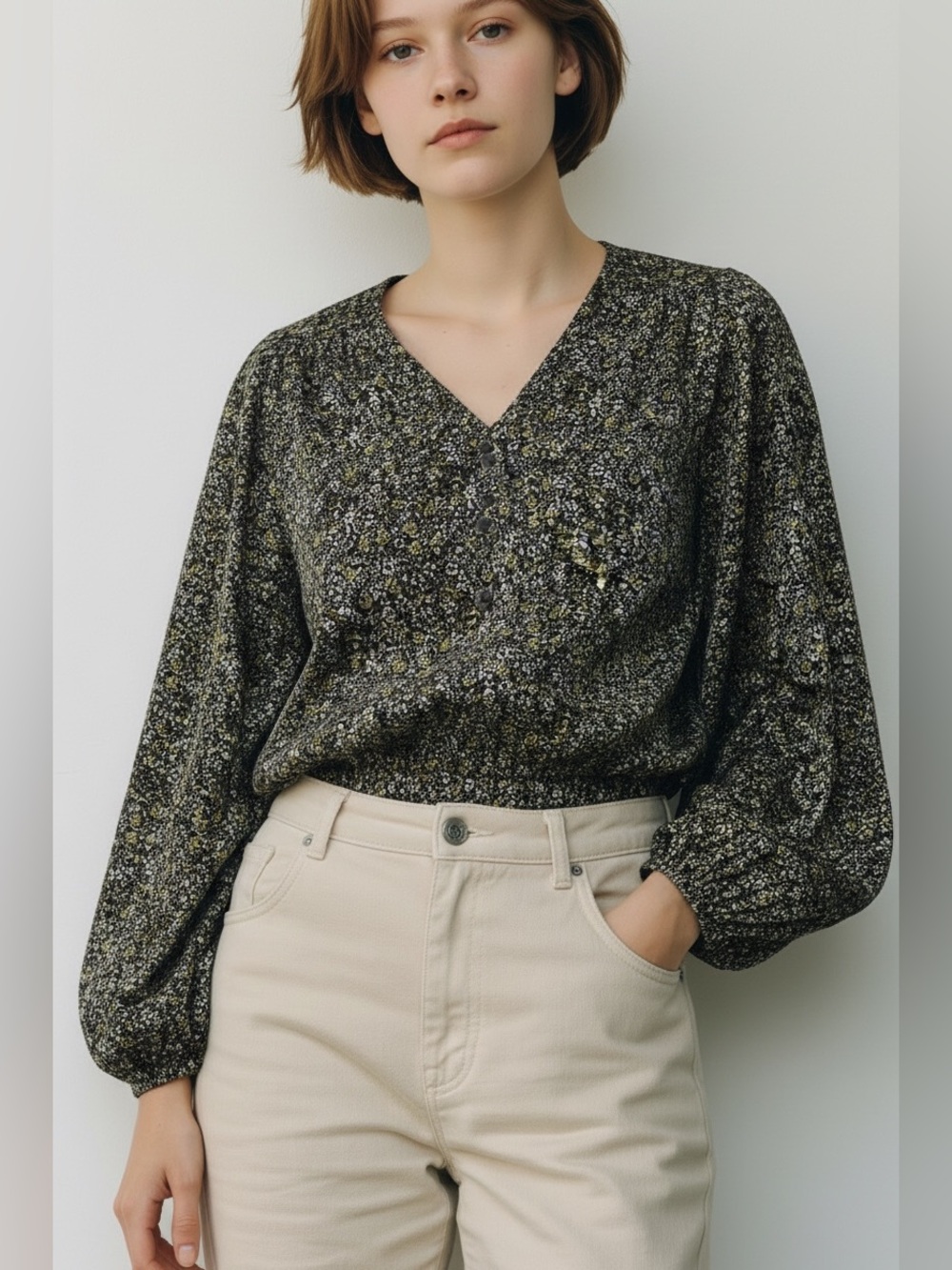 NWT Knotsisters V-Neck Long Sleeve Floral Blouse, Black with smocked waistband - Picture 2 of 9
